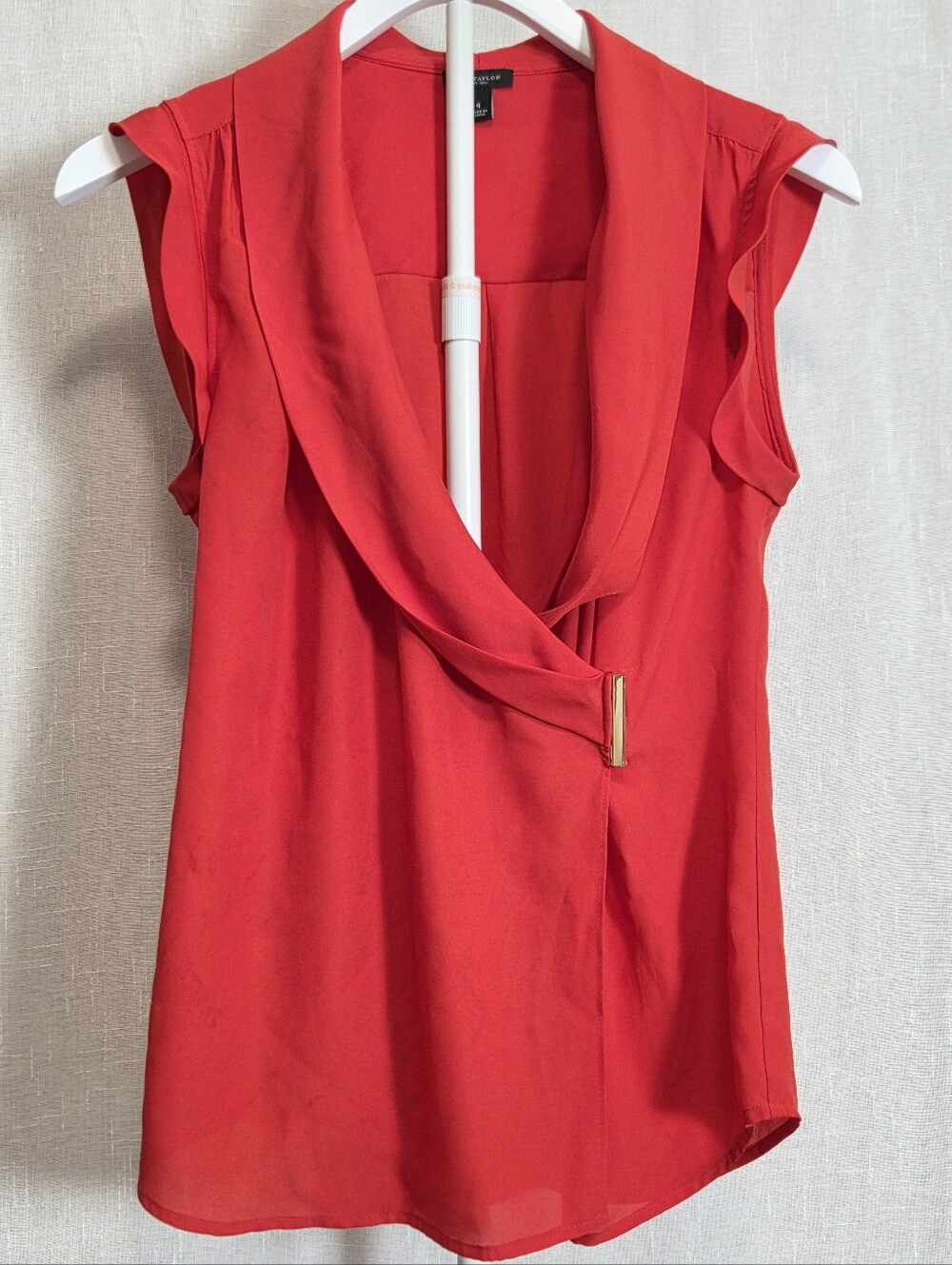 Ann Taylor Red Sleeveless Wrap-Style Blouse with Gold Accent